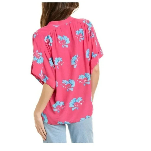 Maje Clowers Blouse Shirt Floral Print Button Down Short Sleeve Pink Blue Small - Picture 2 of 11